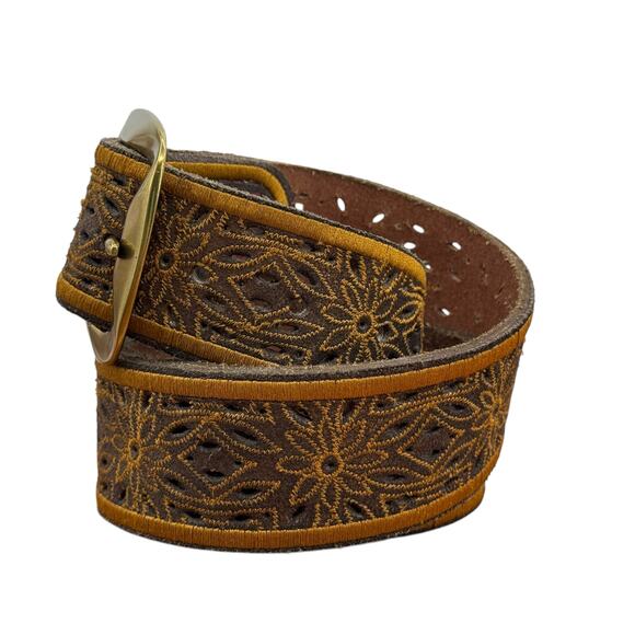 Lucky Brand Wide Belt Leather Embroidered Cutout SZ M Womens Brown Western Boho - Picture 5 of 11
